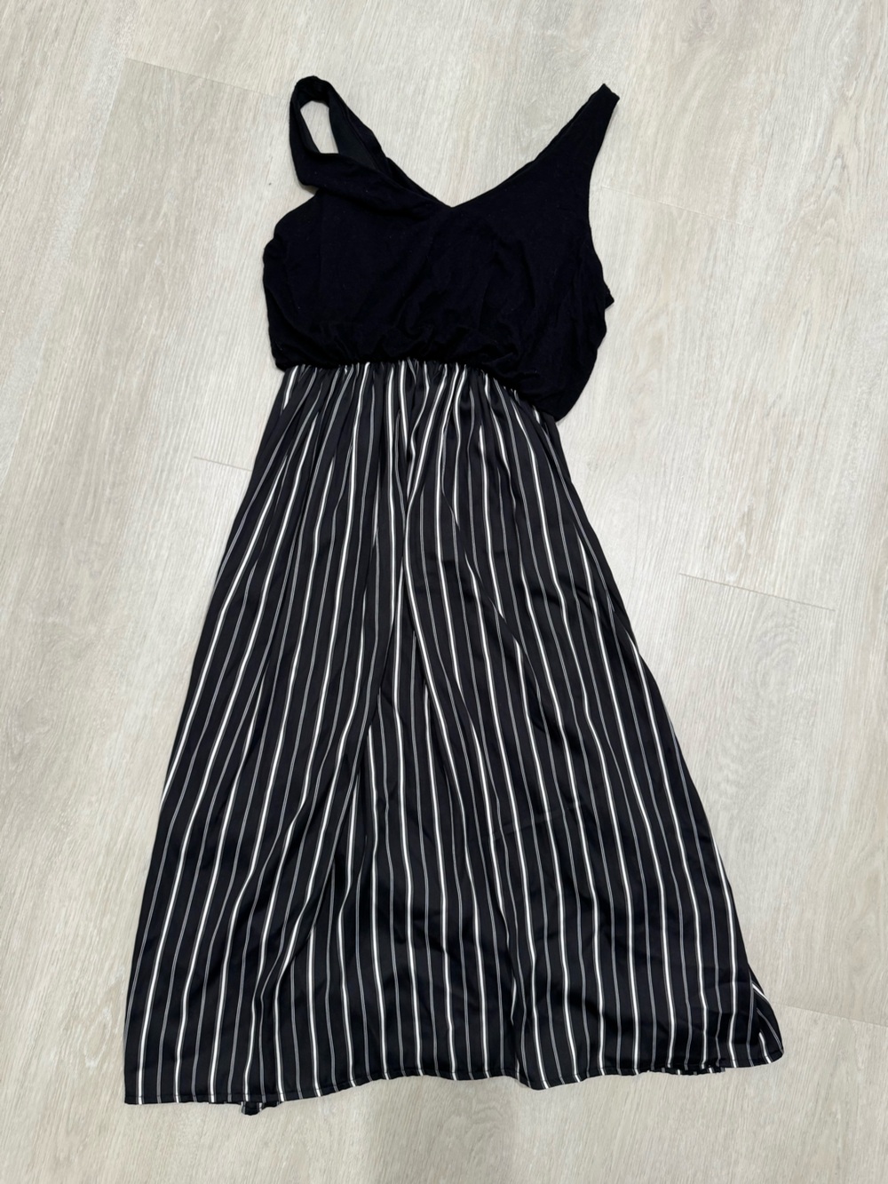 Black Sleeveless Midi Dress with Striped Skirt - Picture 6 of 6